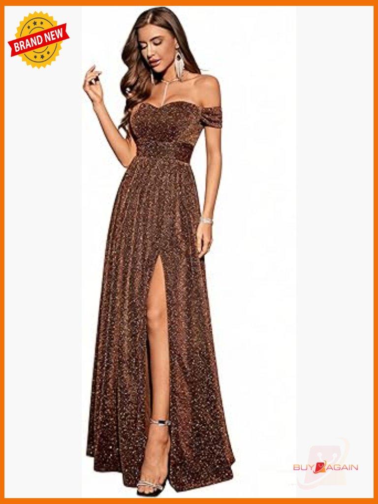 Off Shoulder Glitter Formal Evening Gown Built-In Bra High Slit Maxi Dress For